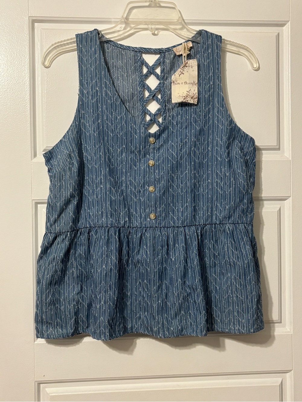Hem & Thread Sleeveless Blue Striped Button Peplum Top